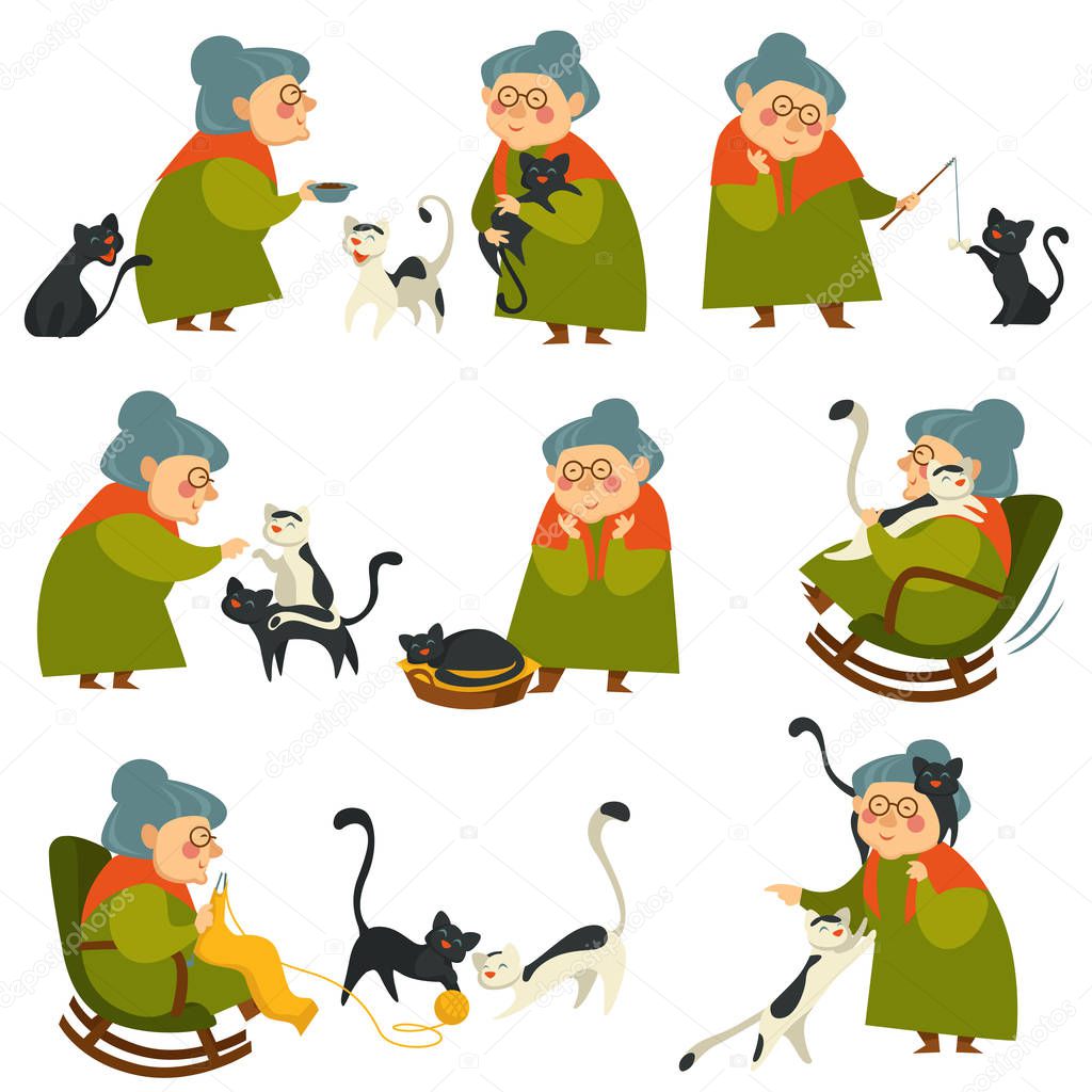Old woman playing with cat pet, elderly lady isolated set vector. Pensioner sitting in rocking chair, knitting sweater, feeding kitten. Grandmother on retirement watching kitty sleeping on bed