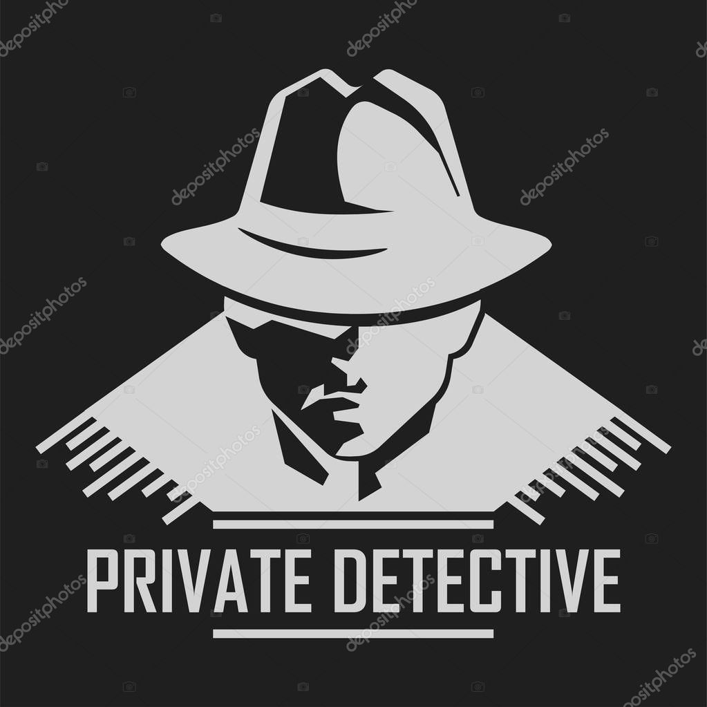 Private detective logo of vector man in hat for investigation service agency or secret spy agent on black background