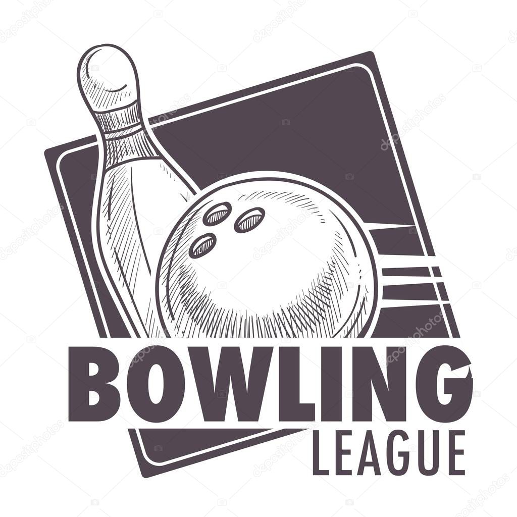 Bowling league poster with ball and skittle monochrome sketch outline vector. Sport and hobby of people, recreation with active fun game, competition playing. Motion tournament logotype emblem