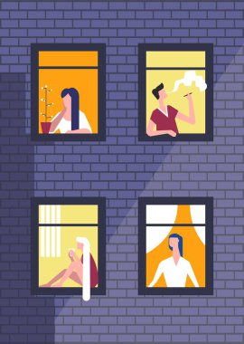 İnsanlar gece Windows günlük rutin vektör poster