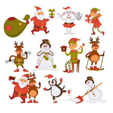 Mutlu yeni yıl karakter kumsalda dinlenme, Noel Baba ve tavşan vektör simgesi