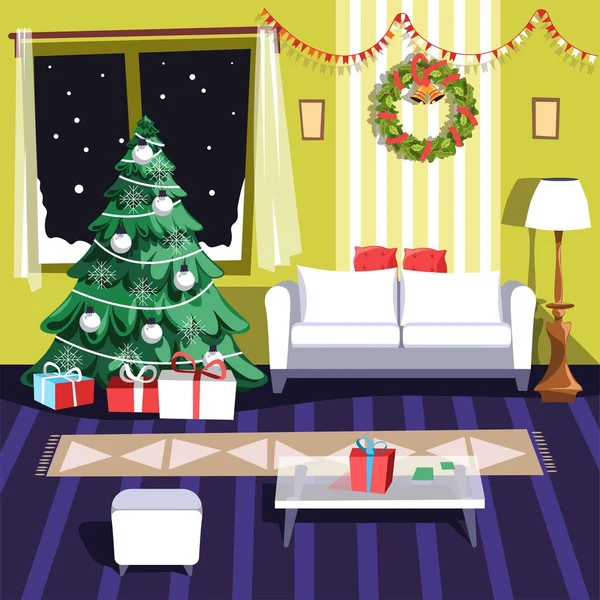 Kerst Winter Vakanties Meubelen Interieur Van Kamer Vector — Stockvector