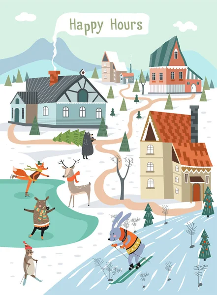 Счастливые Часы Зимних Каникул Животные Играют Открытом Воздухе Векторные Иллюстрации — стоковый вектор
