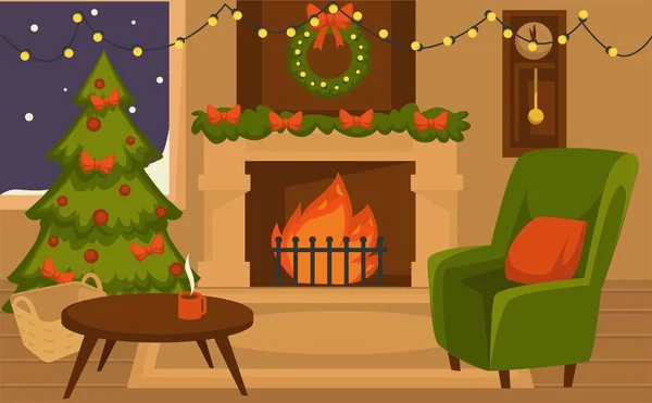 Zima Boże Narodzenie Wakacje Meble Wnętrza Pokoju Ilustracja Wektorowa — Wektor stockowy
