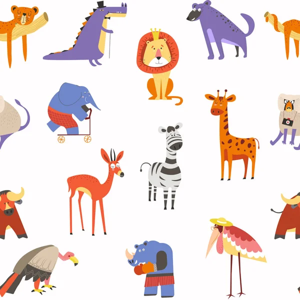 Animals Seamless Pattern Kids Design Lion Zebra Macaque Elephant Vector — Stock Vector