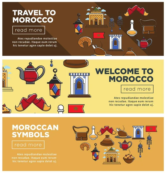 Marruecos Símbolos Viaje Turismo Famosos Puntos Referencia Banderas Web — Vector de stock