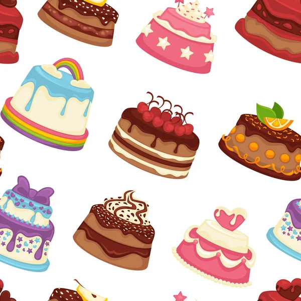 蛋糕和馅饼甜品无缝模式向量 烘焙食品 配有装饰 彩虹和奶油 水果片和浆果 草莓和梨 — 图库矢量图片