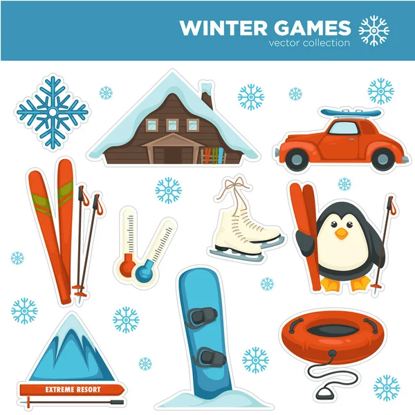 Winter games, sports and pastime hobbies set with snowflakes vector icons