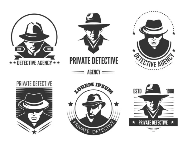 Detective Privado Promocional Emblemas Monocromáticos Con Los Hombres Sombreros — Vector de stock