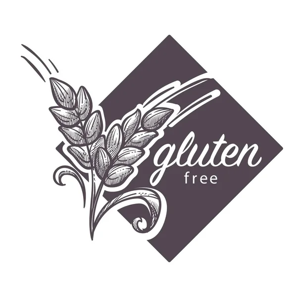 Logo Bebas Gluten Sketsa Monokrom Dengan Vektor Gandum - Stok Vektor