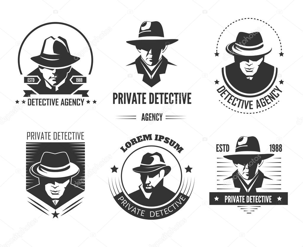 Private detective promotional monochrome emblems with men in hats