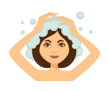 Young attractive woman washing her dark hair, foaming shampoo, taking shower clipart