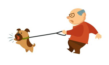 Kıdemli yaşlı adam kızgın köpek Evcil hayvan ile imkansız uysal vektör poster için yürüyüş