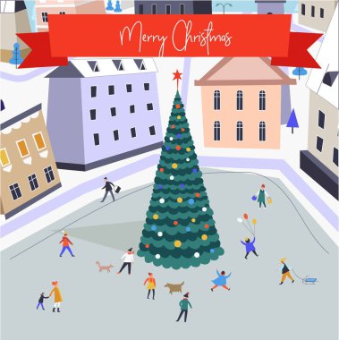 Çam ağacı ile ana kare boyunca yürüyüş neşeli Noel insanlar çelenk ile dekore edilmiştir. 