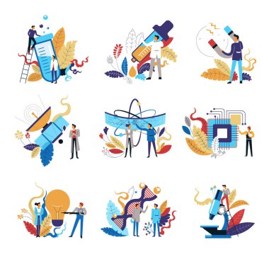 Bilim araştırma ve geliştirme tıp, bilim adamları deneyler Icons set vektör