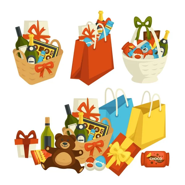 Gift Basket Food Special Occasion Celebrate Vector Icons Set — Stock Vector