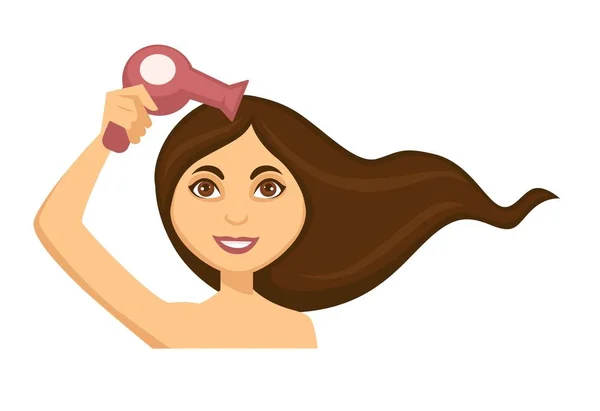 Young Smiling Woman Girl Using Blow Dryer Dry Her Long — Stock Vector