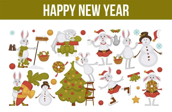 2019新的一年庆祝 兔子与雪人冬天字符图标 — 图库矢量图片