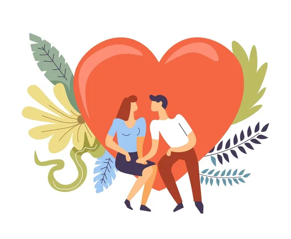 Ζευγάρι Στην Αγάπη Αγκάλιασμα Και Φίλημα Καρδιά Και Λουλούδια Διάνυσμα — Διανυσματικό Αρχείο