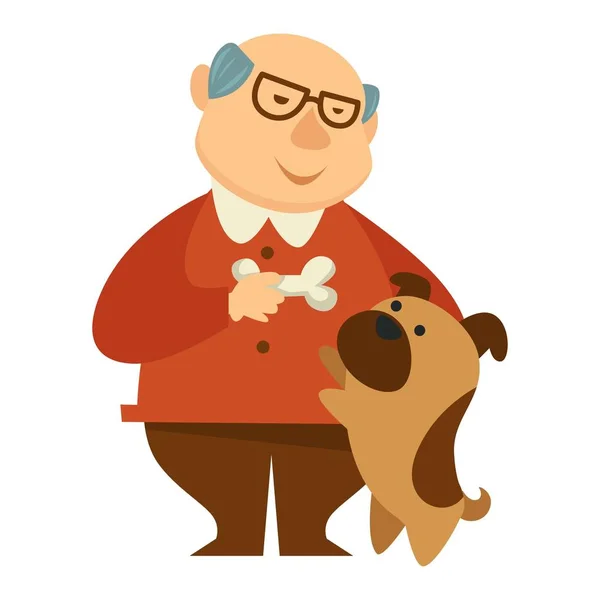 Uśmiechnięty Dziadek Dając Kość Jego Skoki Małe Słodkie Brązowy Pies — Wektor stockowy