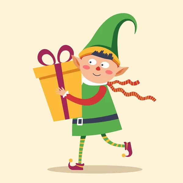 Elfo Com Pressa Para Entregar Caixa Presente Para Criança Natal —  Vetores de Stock
