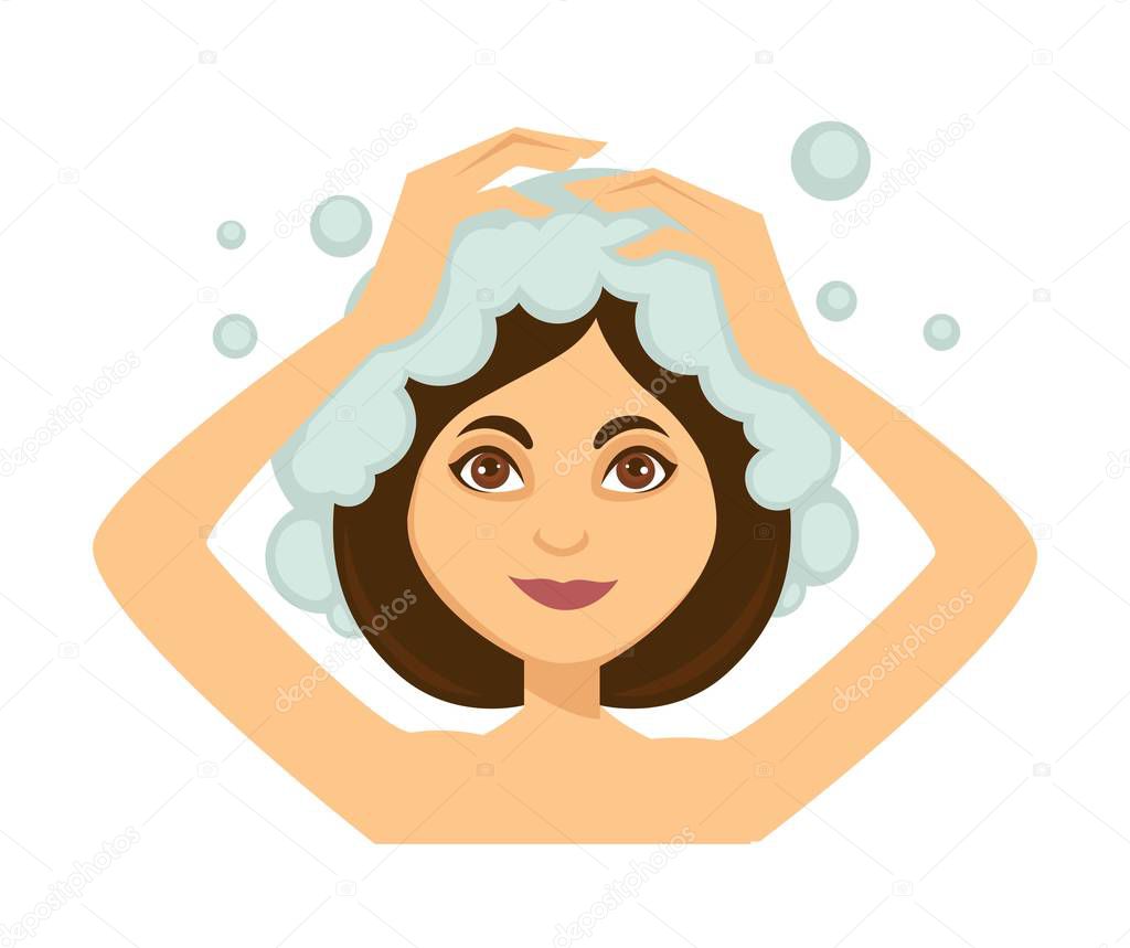 Young attractive woman washing her dark hair, foaming shampoo, taking shower