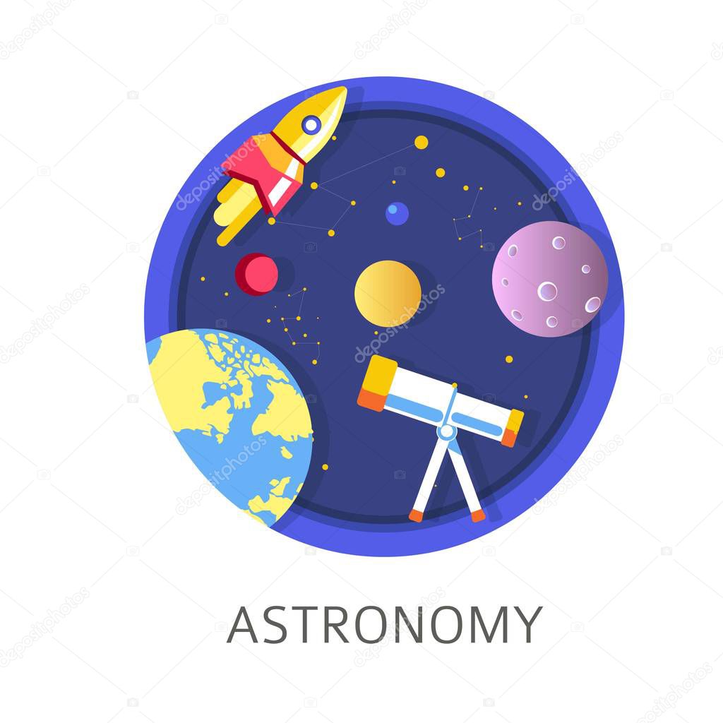 Astronomy subject in school, discipline with celestial bodies study vector icon