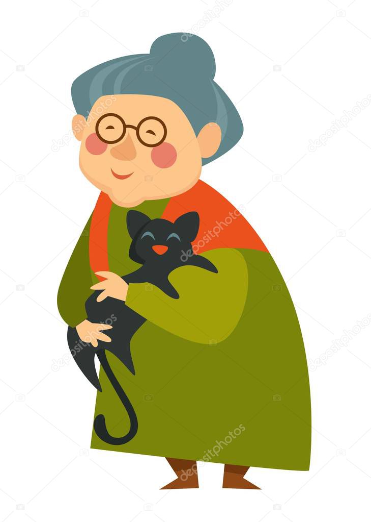 Old woman cuddling cat, pensioner lady happy with pet vector icon