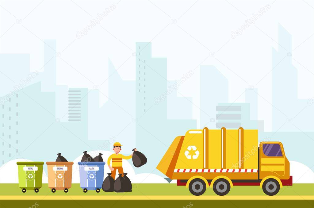Recycling process of gathering rubbish from separated containers bin vector poster