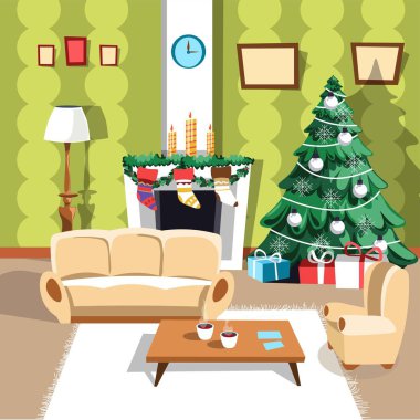 Vektör christmas kış tatil, mobilya ve iç oda,.