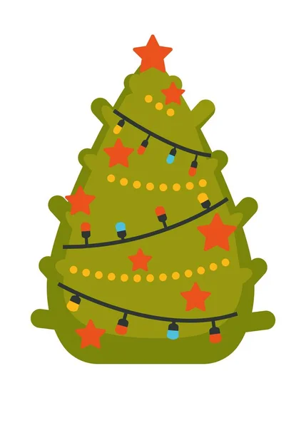 Árbol Navidad Pino Siempreverde Decorado Con Guirnaldas Juguetes Vector — Vector de stock