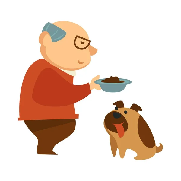 Old Man Feeding Hungry Dow Tongue Stick Out Vector — Stock Vector