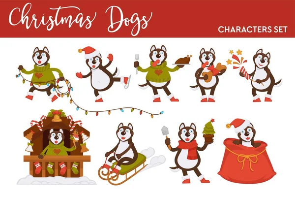 Christmas Wolf Dog Santa Cartoon Character Vector Icons — Stock Vector