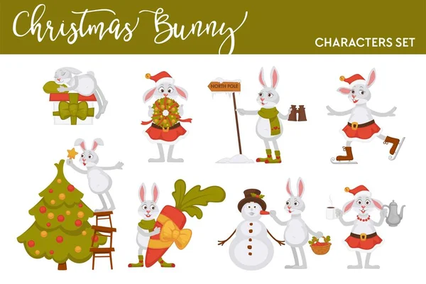 Christmas Bunny Rabbit Vector Icons New Year Greeting Card Design — Stock Vector