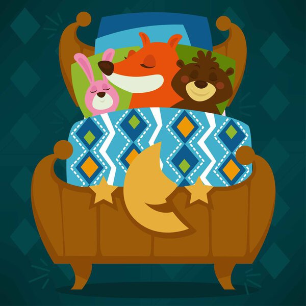 Animals sleeping in bed set vector. 