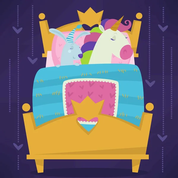 Dieren Slapen Bed Fairytale Instellen Vector — Stockvector