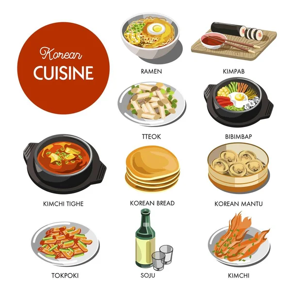 Κορεατική Κουζίνα Παραδοσιακά Πιάτα Επίπεδες Εικόνες — Διανυσματικό Αρχείο