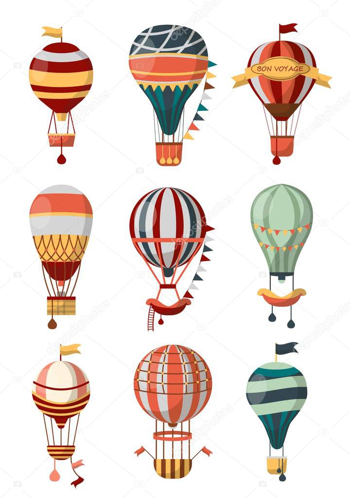 Hot air balloon retro icons with patterns on white background