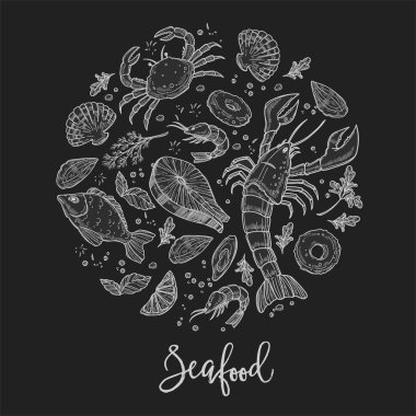 Deniz ürünleri mutfağı restoran poster ya da yemek Menü tasarım şablonu. 