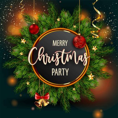 Neşeli Noel Partisi Davetiyesi poster ana bilgi vektör ile. 