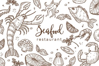 Deniz ürünleri Restoran kroki poster menü veya tablemat şablonu.