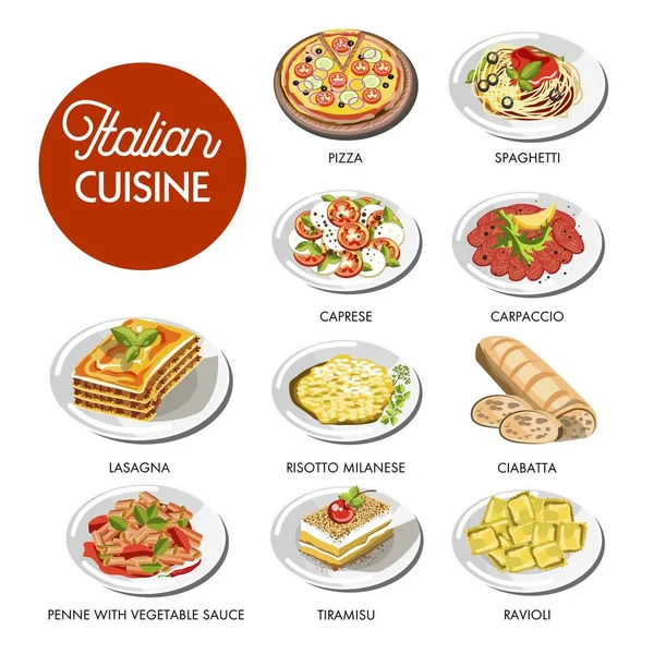 Tradiční Pokrmy Italské Kuchyně Potraviny Vektor Samostatný Ikony — Stockový vektor