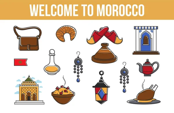 Agencia Viajes Marruecos Cartel Promocional Con Símbolos Culturales — Vector de stock