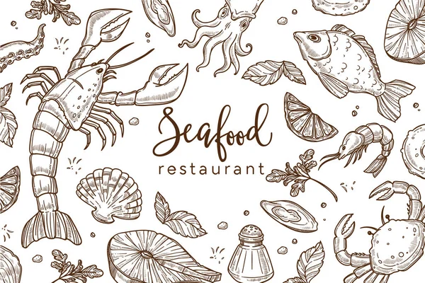 Zeevruchten Restaurant Schets Poster Voor Menu Tablemat Sjabloon — Stockvector
