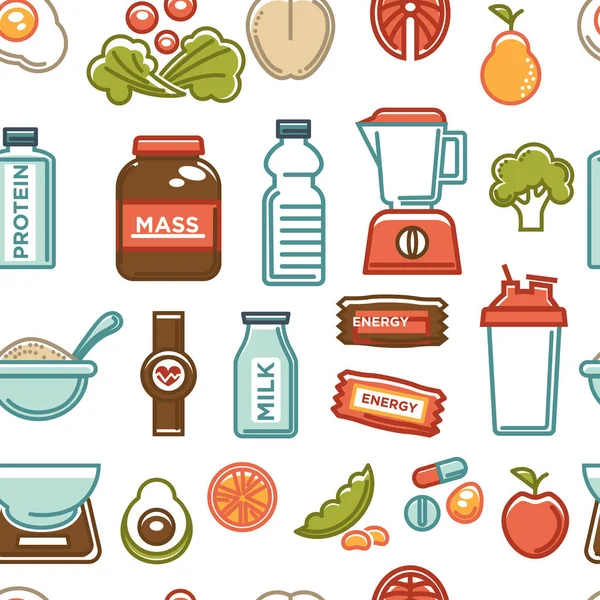 Estilo Vida Saludable Nutrición Alimentos Fitness Patrón Sin Fisuras — Vector de stock