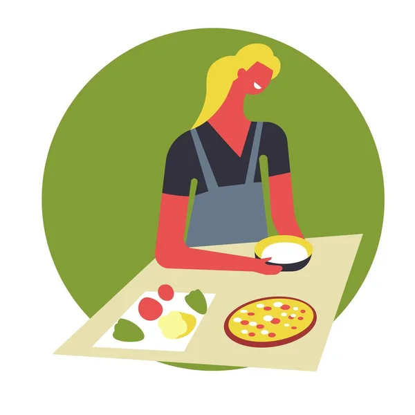 Γυναίκα Στην Ποδιά Μαγειρέματος Τροφίμων Εικονογράφηση Διάνυσμα — Διανυσματικό Αρχείο