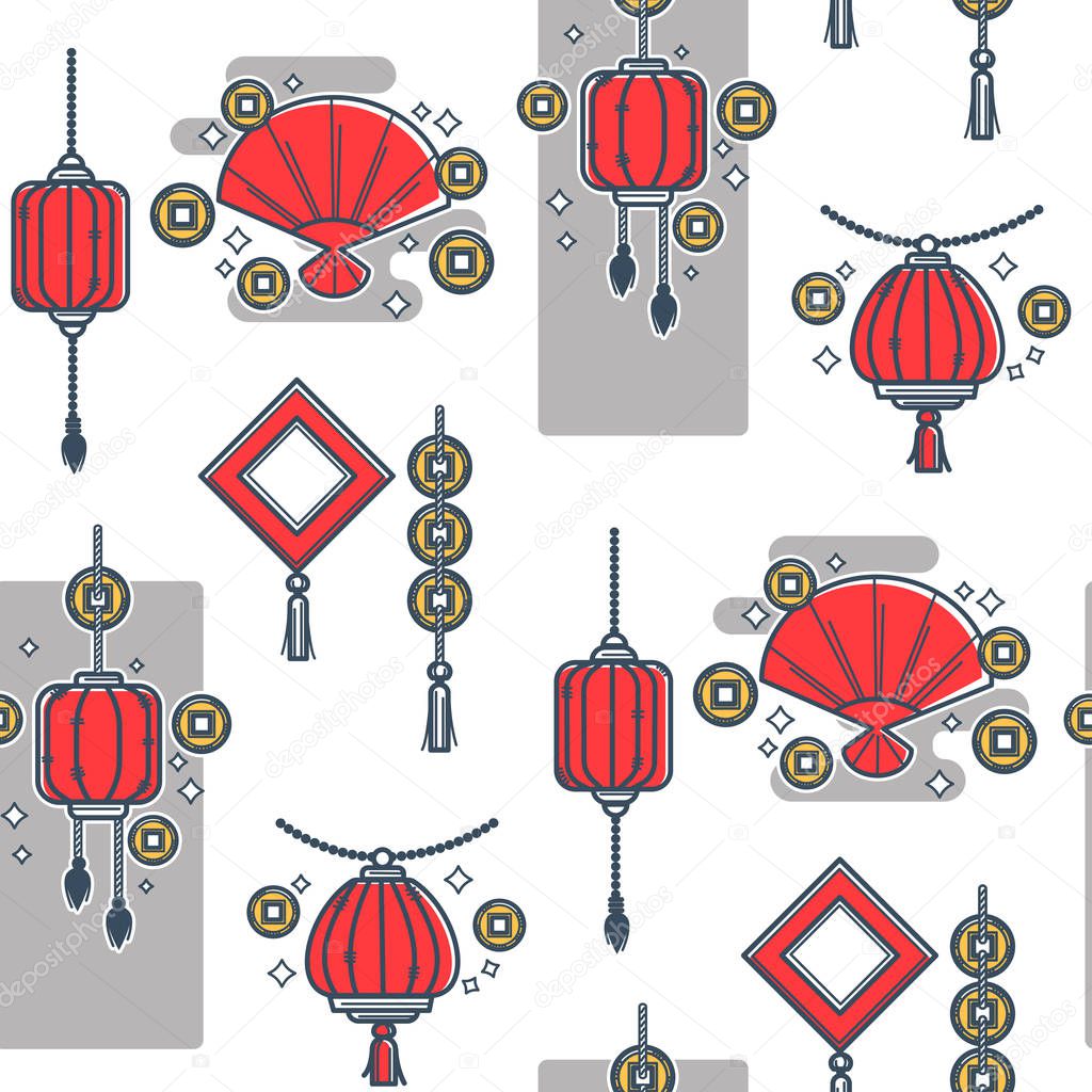 Chinese lantern made of papers, oriental style seamless pattern.