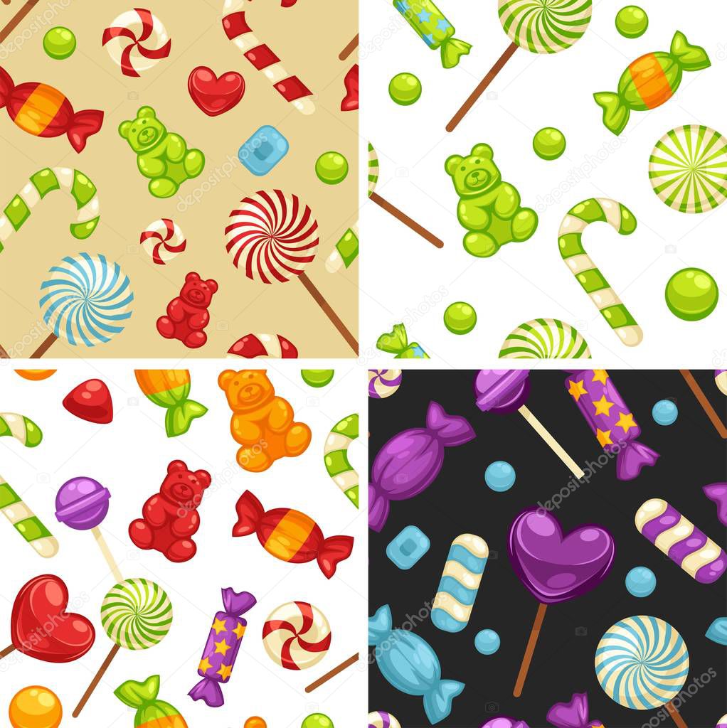 Delicious sweet candies in bright covers and lollipops seamless patterns 