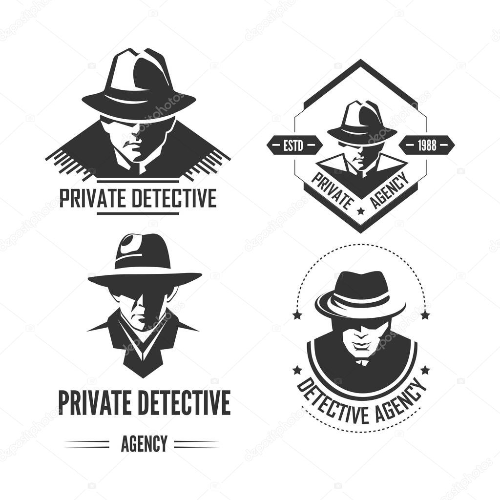 Private detective promotional emblems with man in hat and classic coat.