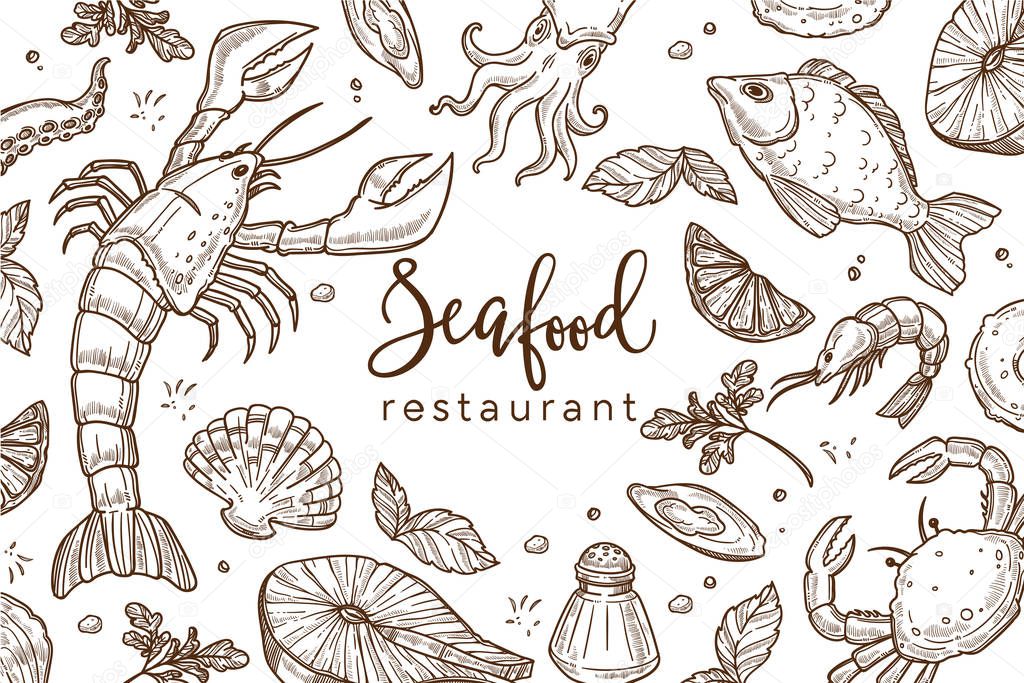 Seafood restaurant sketch poster for menu or tablemat template.